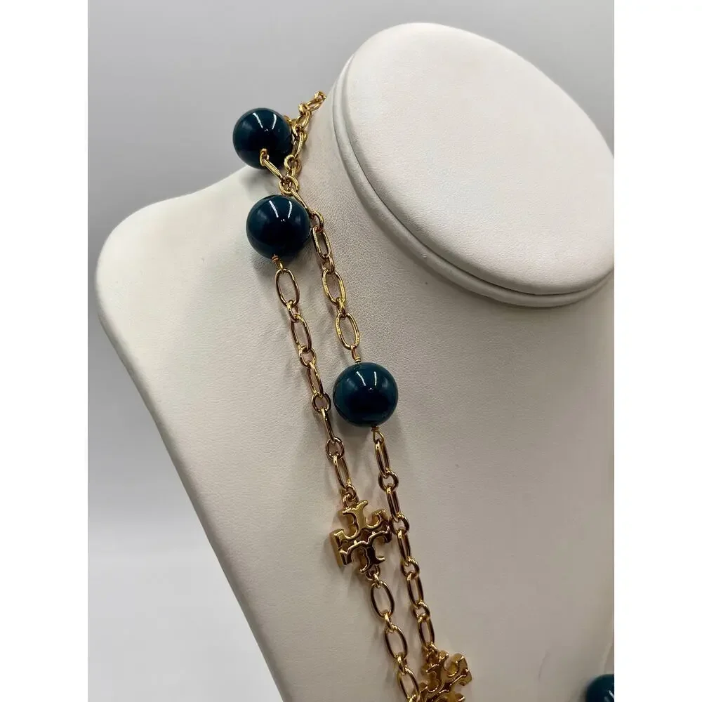 Tory Burch‎ Designer Evie Teal Resin Logo Station Gold Plated Necklace
